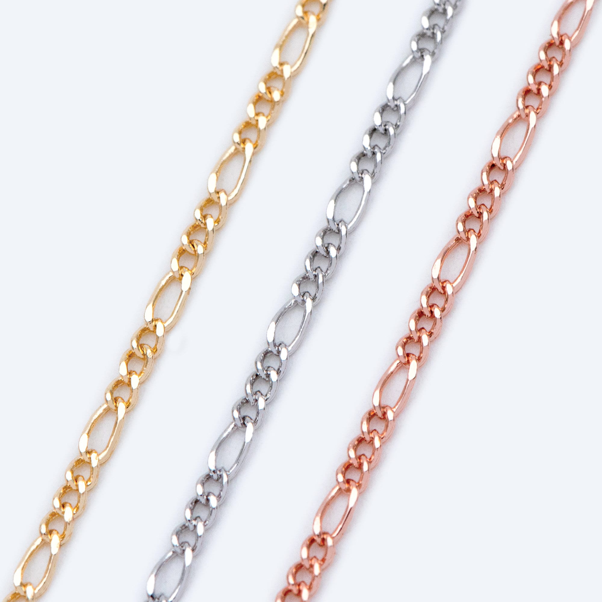 Gold/ Silver/ Rose God Figaro Chains, Real Gold/ Rhodium plated Brass, Color Not Easily Tarnish (#LK-168)/ 1 Meter=3.3 ft